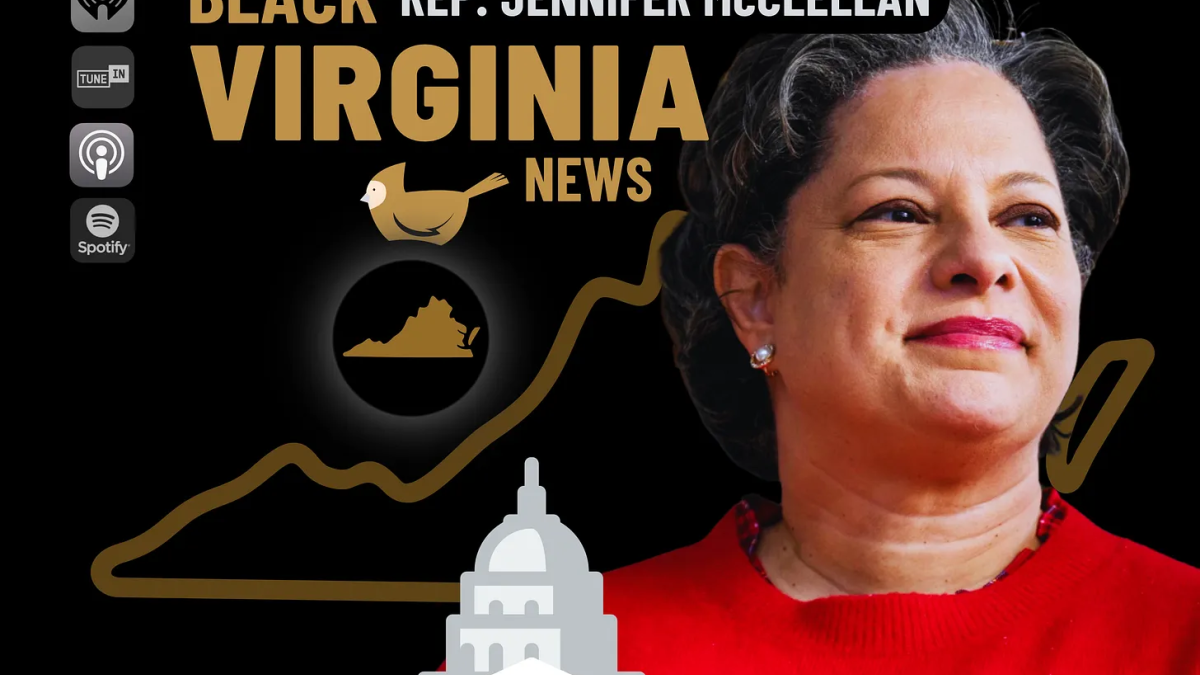 Graphic of Black Virginia News and Rep. Jennifer McClellan with drawing of Capitol Hill and outline of Virginia.
