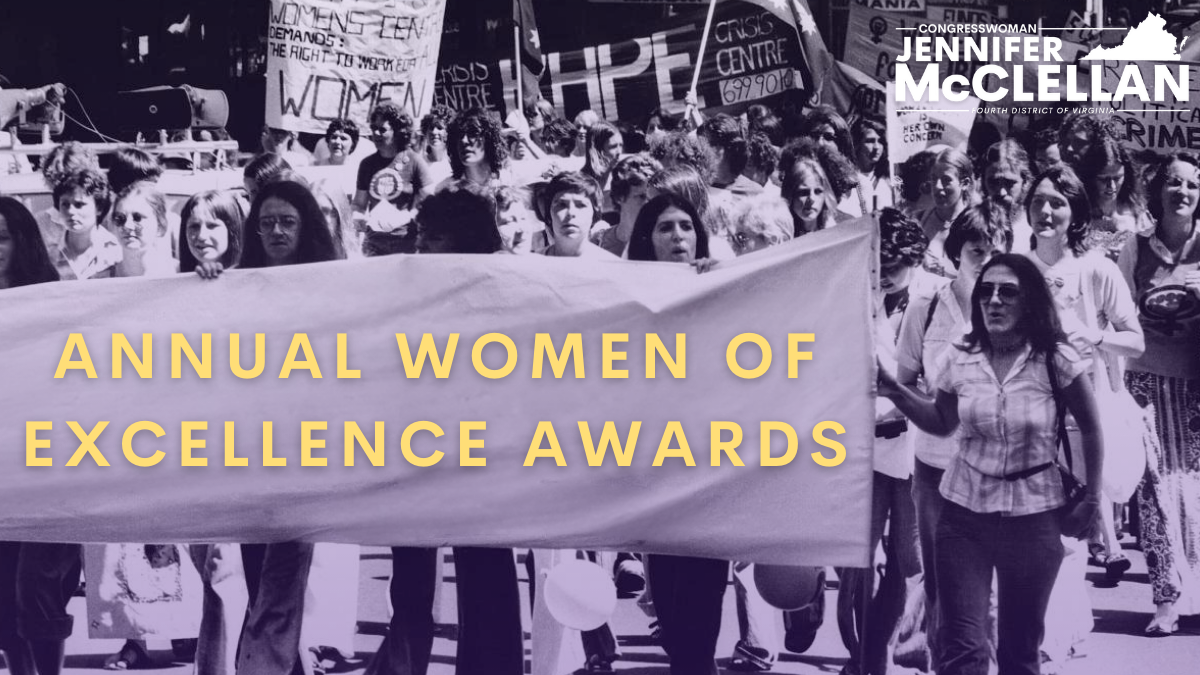 Graphic of women marching holding a banner that reads "ANNUAL WOMEN OF EXCELLENCE AWARDS."