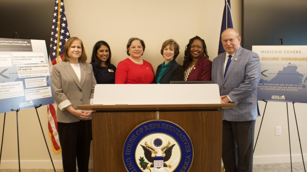 Photo of Rep. McClellan with Sen. Hashmi, Del. Sickles, and local health care advocates.