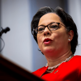State Sen. Jennifer McClellan, D-Hanover, speaks at the Call for Action on Gun Safety at St. Paul's Episcopal Church on Friday, Jan. 13, 2023, in Richmond, Va. (AP Photo/John C. Clark, File)