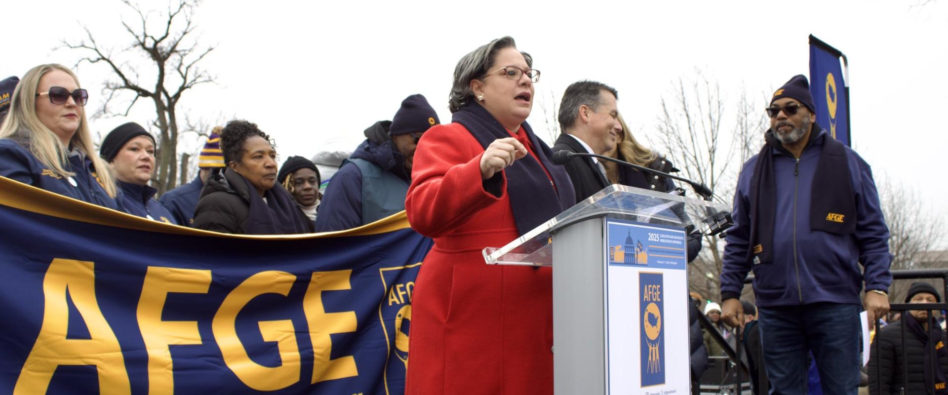 Photo of Rep. McClellan speaking at an AFGE rally.