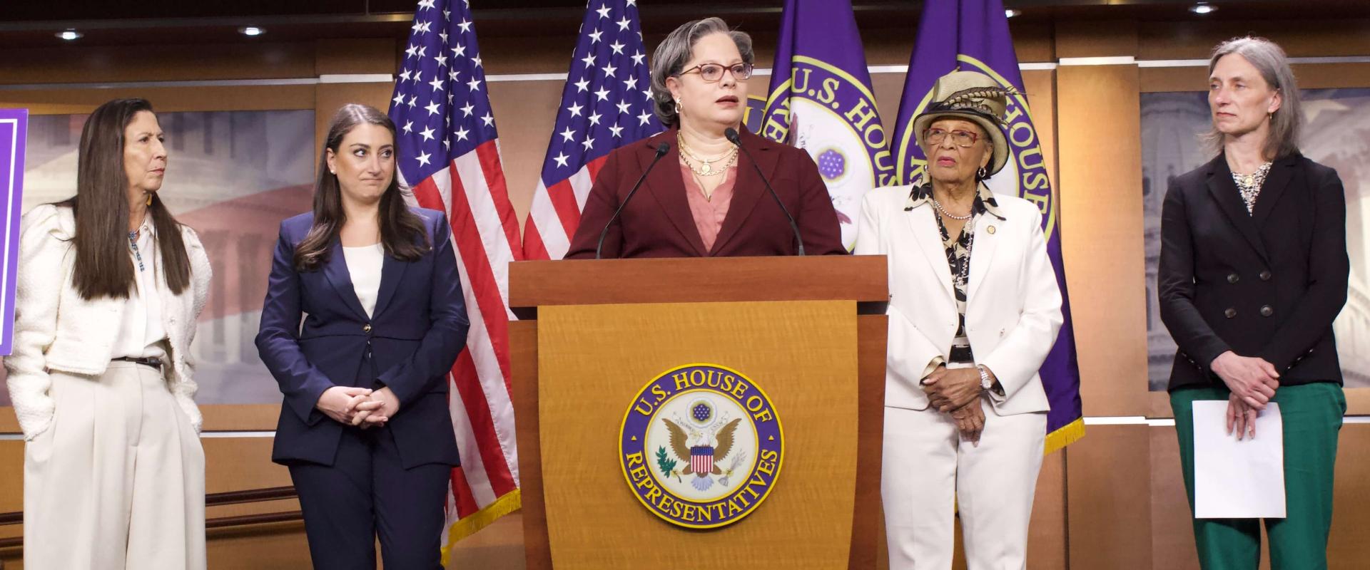 Photo of Rep. McClellan speaking at a podium alongside DWC members.