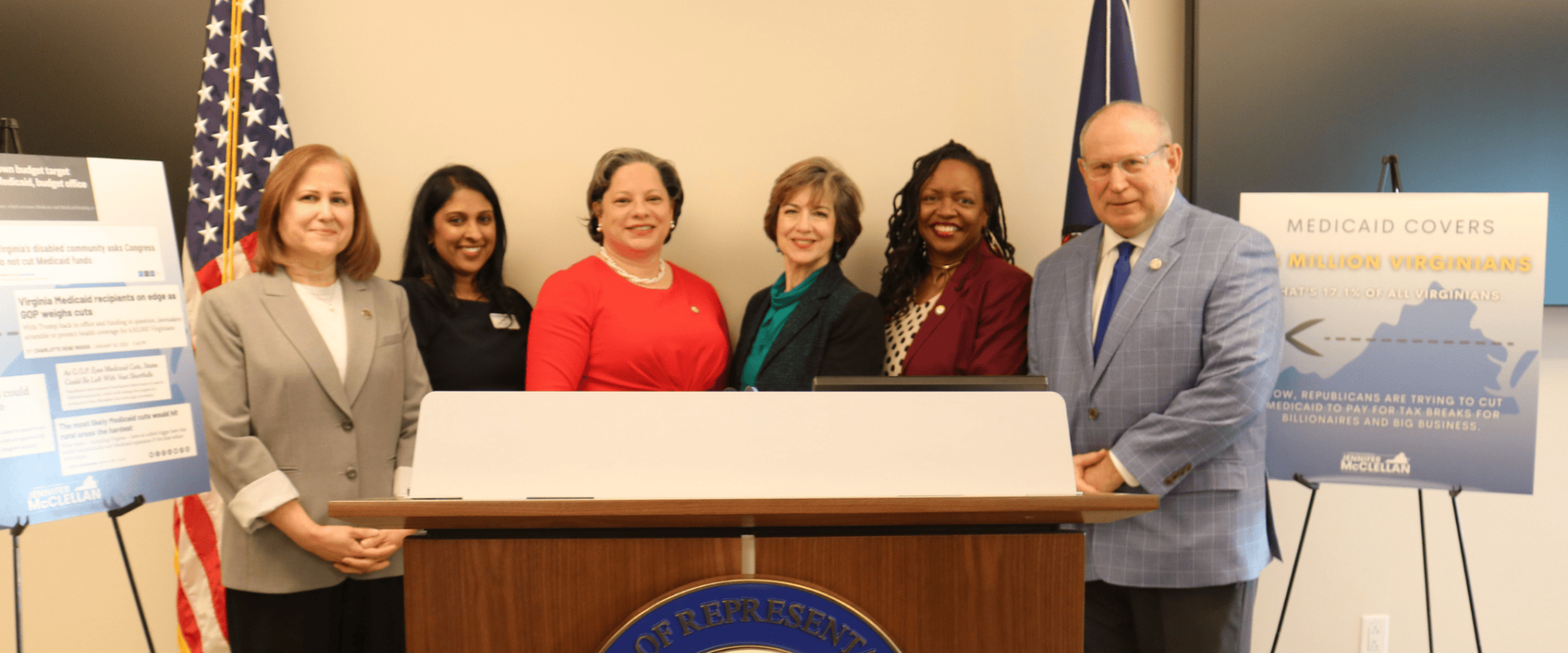 Photo of Rep. McClellan with Sen. Hashmi, Del. Sickles, and local health care advocates.