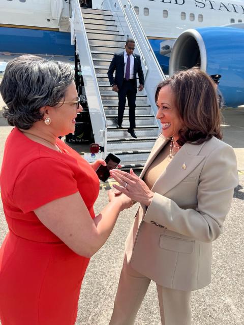 Rep. McClellan and Vice President Harris stand on the tarmac in Richmond