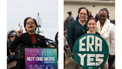 Photos of Rep. McClellan. Photo on the left is Rep. McClellan speaking at an ERA event on Capitol Hill. Photo on the right is Rep. McClellan with Senator Mamie Locke with a sign that reads "ERA YES."