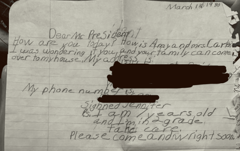 Photo of letter written to President Jimmy Carter by a seven year old Rep. McClellan.