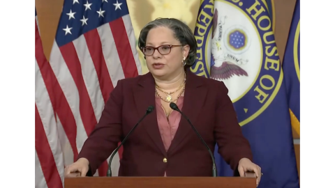 Photo of Rep. McClellan speaking at a presser against Kash Patel's confirmation.