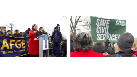 Photos of Rep. McClellan speaking at an AFGE rally.