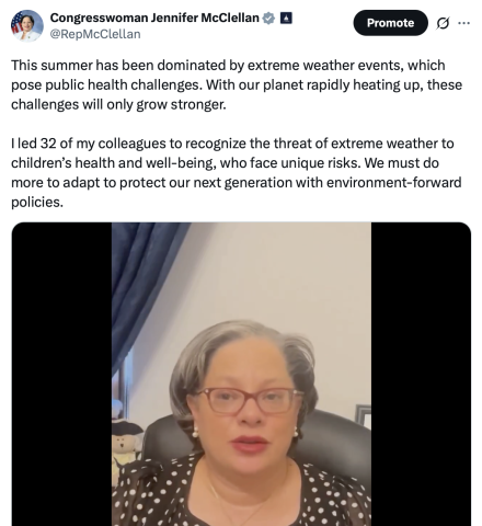 Screenshot of tweet from @repmcclellan on extreme weather resolution.