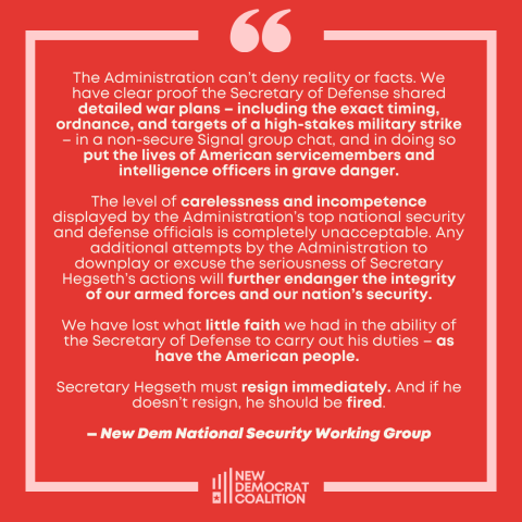 Statement graphic from the New Democrat Coalition calling for Pete Hegseth's resignation.