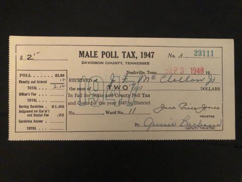 Photo of the poll tax receipt from Rep. McClellan's father.