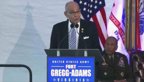 Lt Gen Gregg at the podium of the Fort Lee renaming