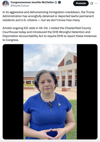 Screenshot of tweet from @repmcclellan about her visit to the Chesterfield Courthouse.