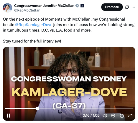 Screenshot of tweet promoting Moments with McClellan with Sydney Kamlager-Dove.