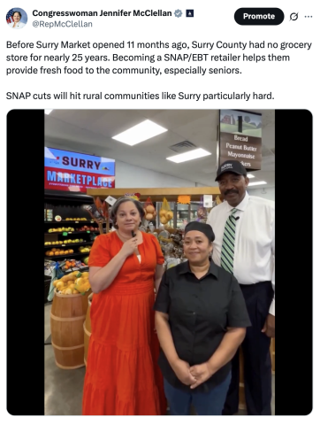 Tweet from @repmcclellan of Rep. McClellan speaking with the owner and manager of Surry Marketplace.