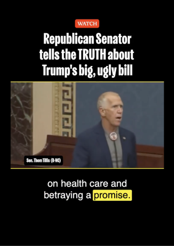 Screenshot of tweet of Republican Sen. Tillis speaking out against the Big Ugly Bill.