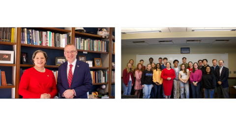 Photos of Rep. McClellan smiling with President Hallock and with the University of Richmond U.S. Congress class.