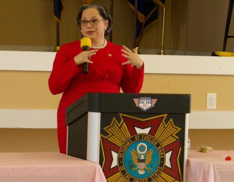 Photo of Rep. McClellan as she addresses veterans at VFW Post 637 in Hopewell on Valentine’s Day 2025.