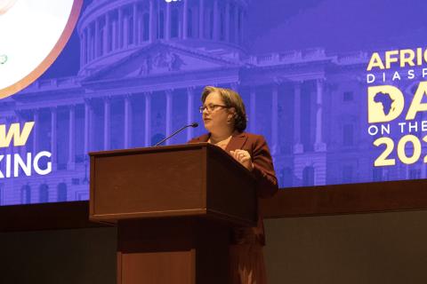 Photo of Rep. McClellan speaking at a podium at African Diaspora Day on the Hill.